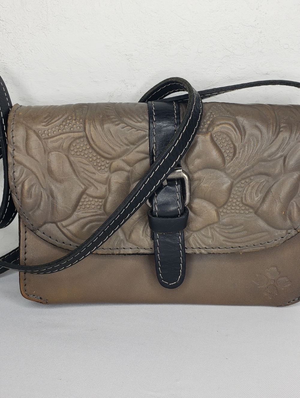 Patricia Nash Tooled Floral Crossbody in Taupe and Black Leather Bag